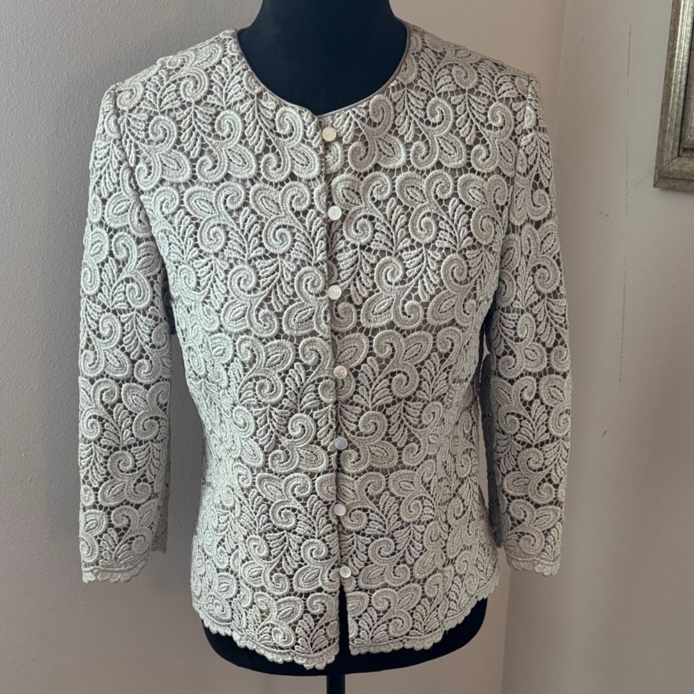 Talbots metallic silver Lace Jacket blazer button up long sleeves Sz 6